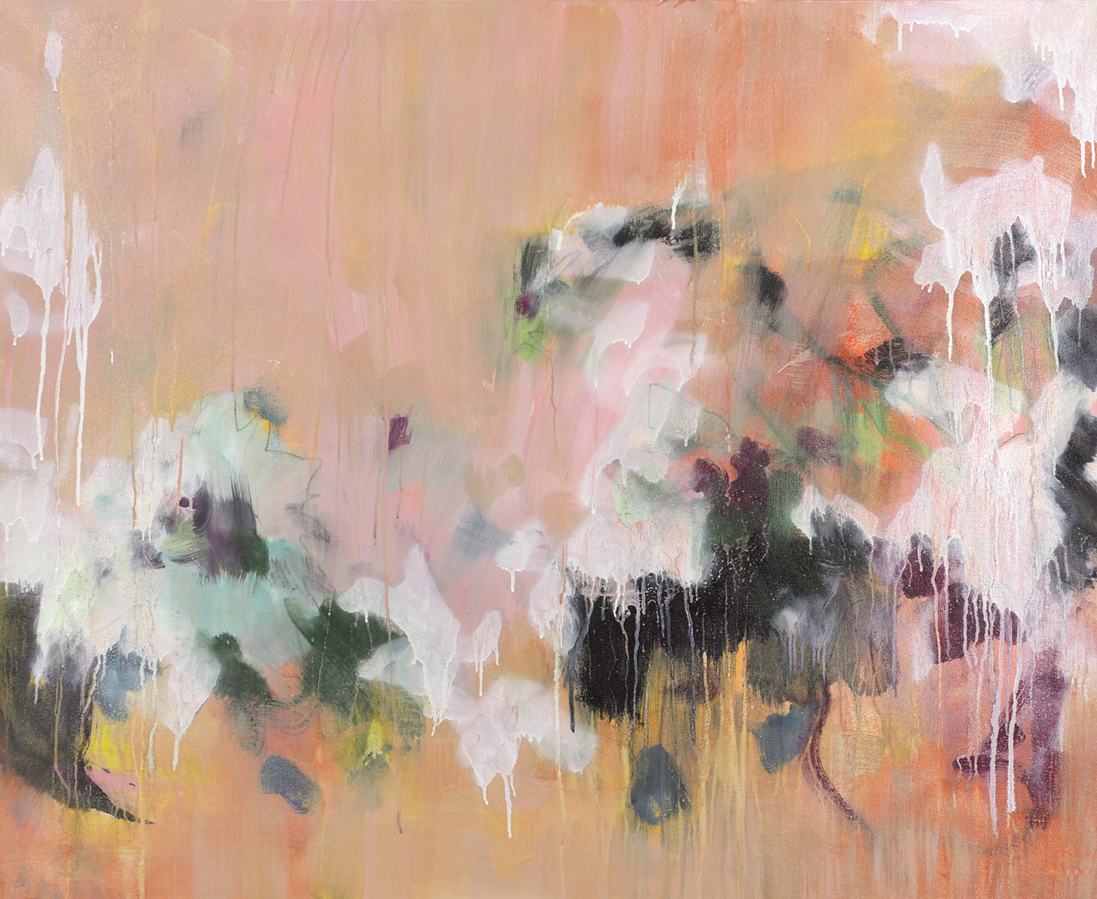 Expressive floral abstraction with soft peach and coral petals, layered shadows, and drips suggesting depth and dreamy decay.