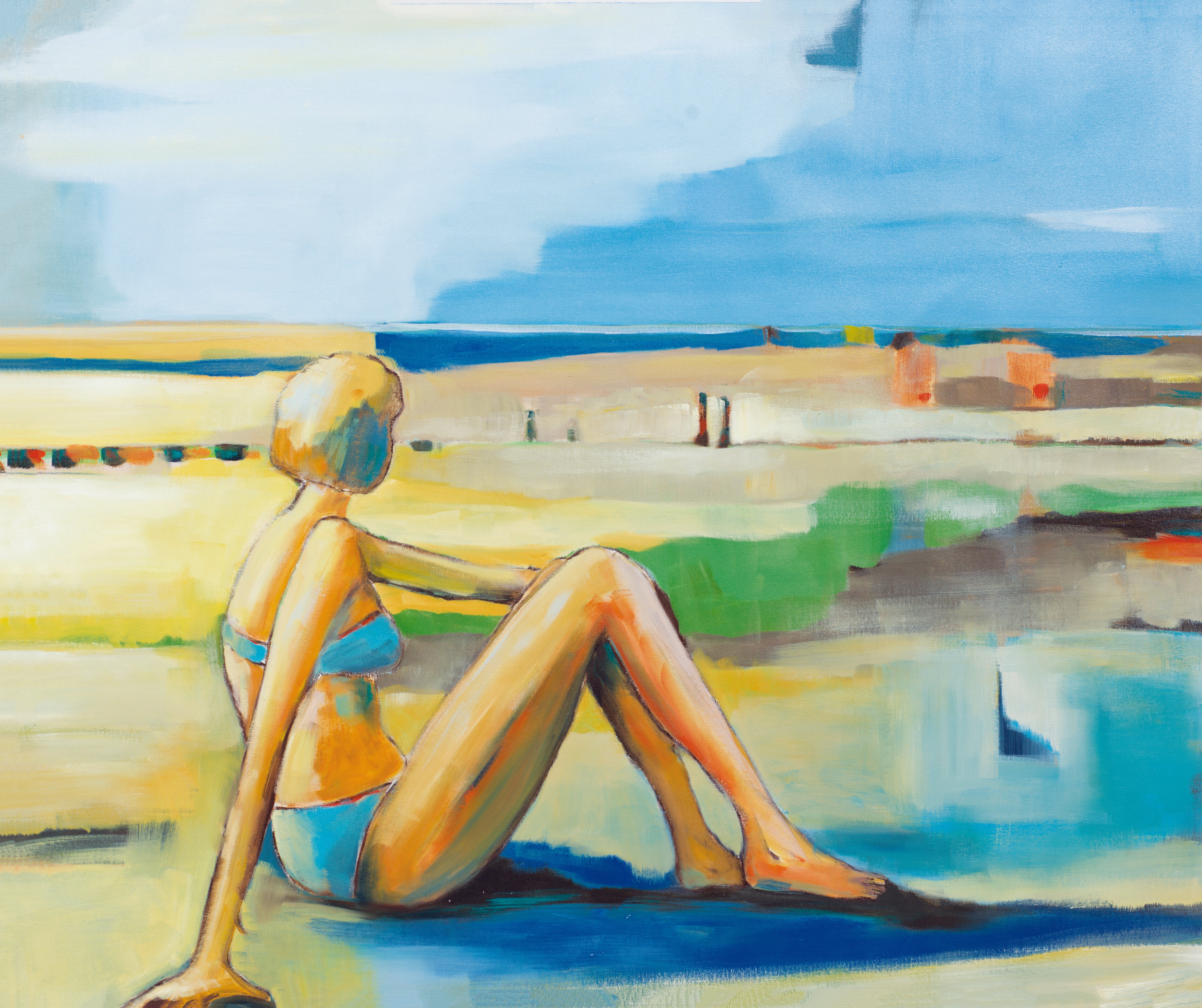 Seaside abstract painting with a reclining figure in a blue bikini on the shoreline, evoking warmth, light, and coastal ease.