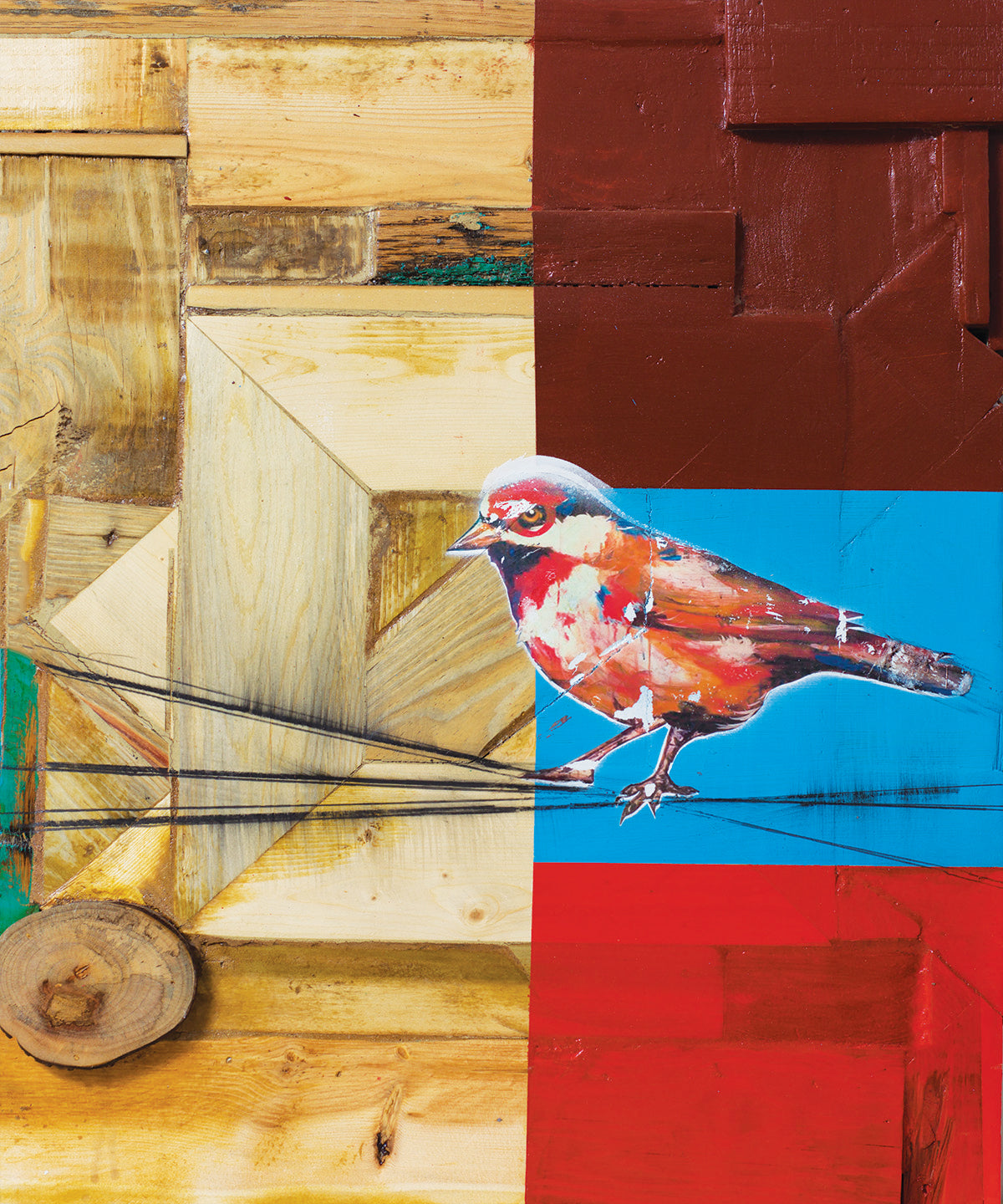 Bird abstract painting with vibrant woodgrain geometry, electric hues, and a perched bird, blending nature and structure.