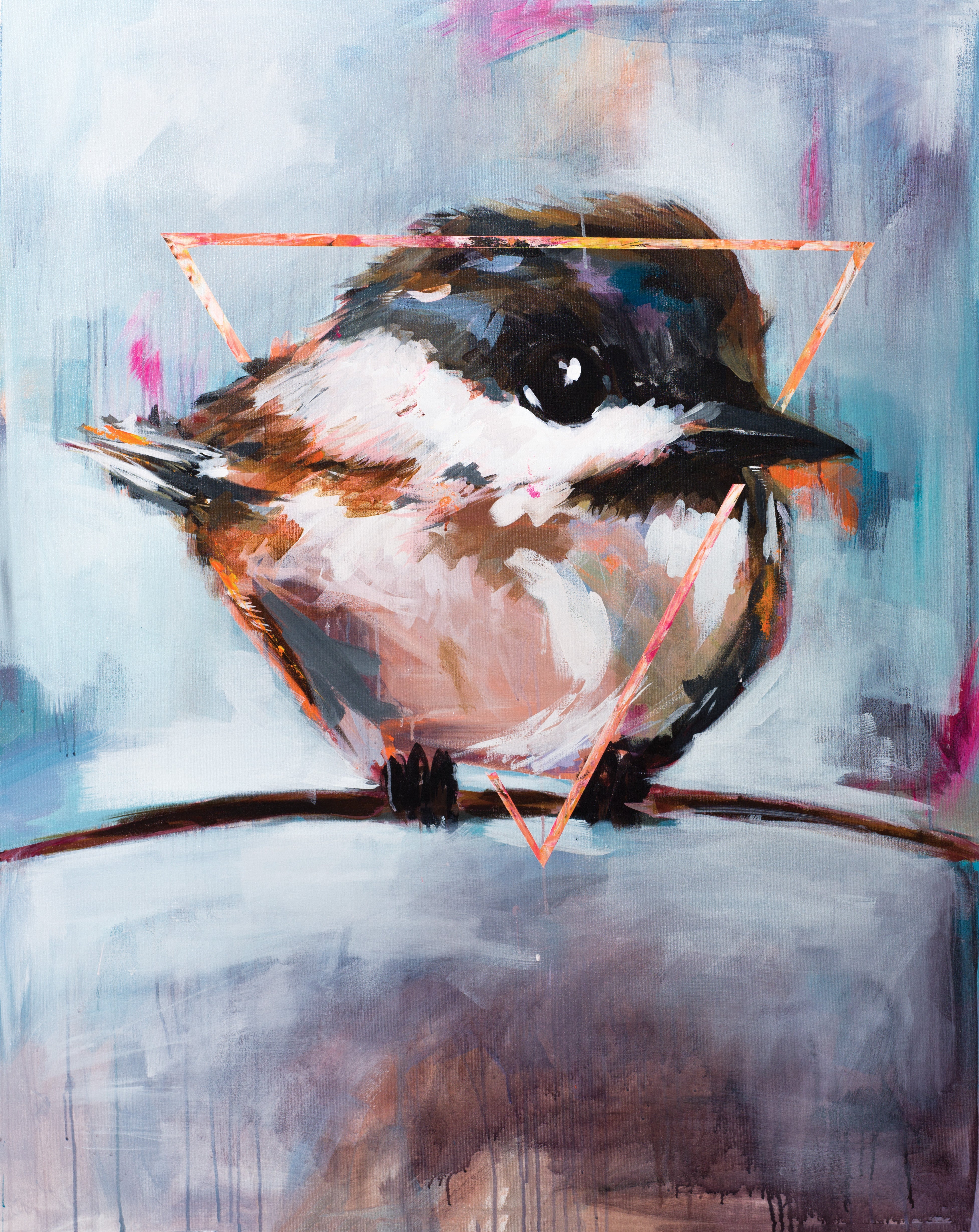 Modern bird painting with bold brushstrokes and neon coral triangle, combining geometric edge with soft painterly abstraction.