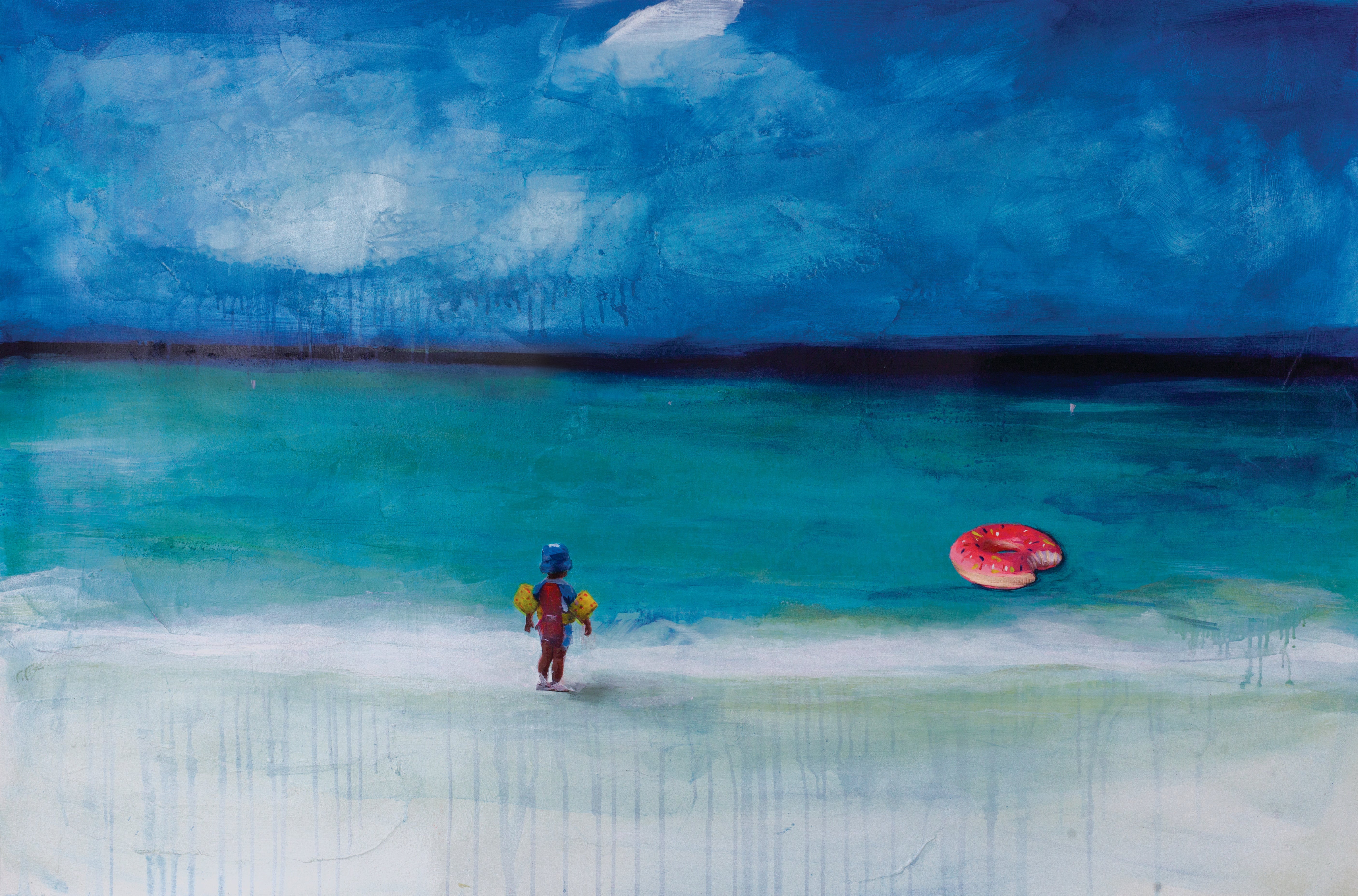 Whimsical coastal art showing a child in floaties watching a pink donut float drift across turquoise water.
