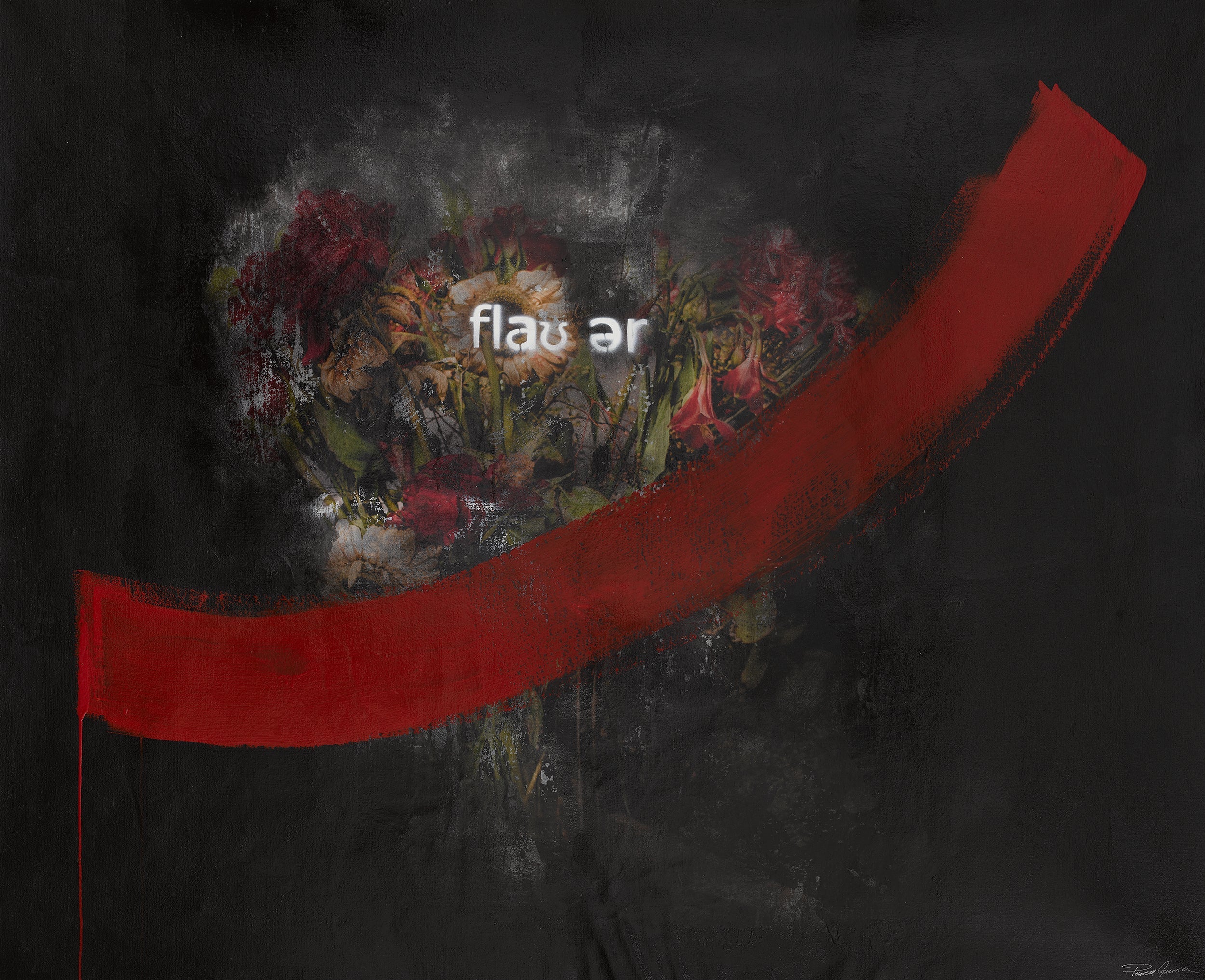 Dark abstract floral artwork with shadowed blooms, a bold red slash, and partially hidden text.