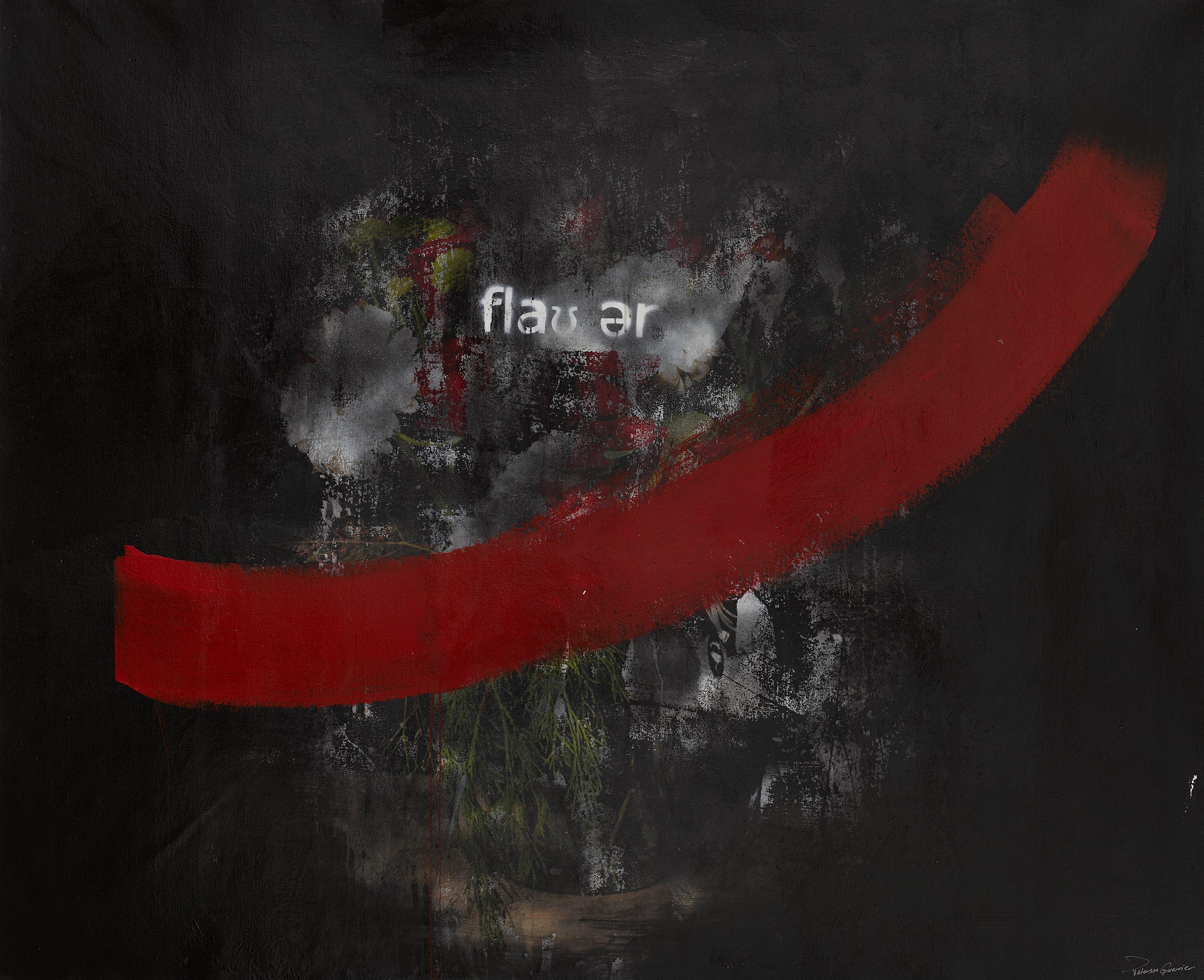 Mixed-media abstract floral art featuring blurred petals, smoke, and fragmented text beneath a vivid red slash.