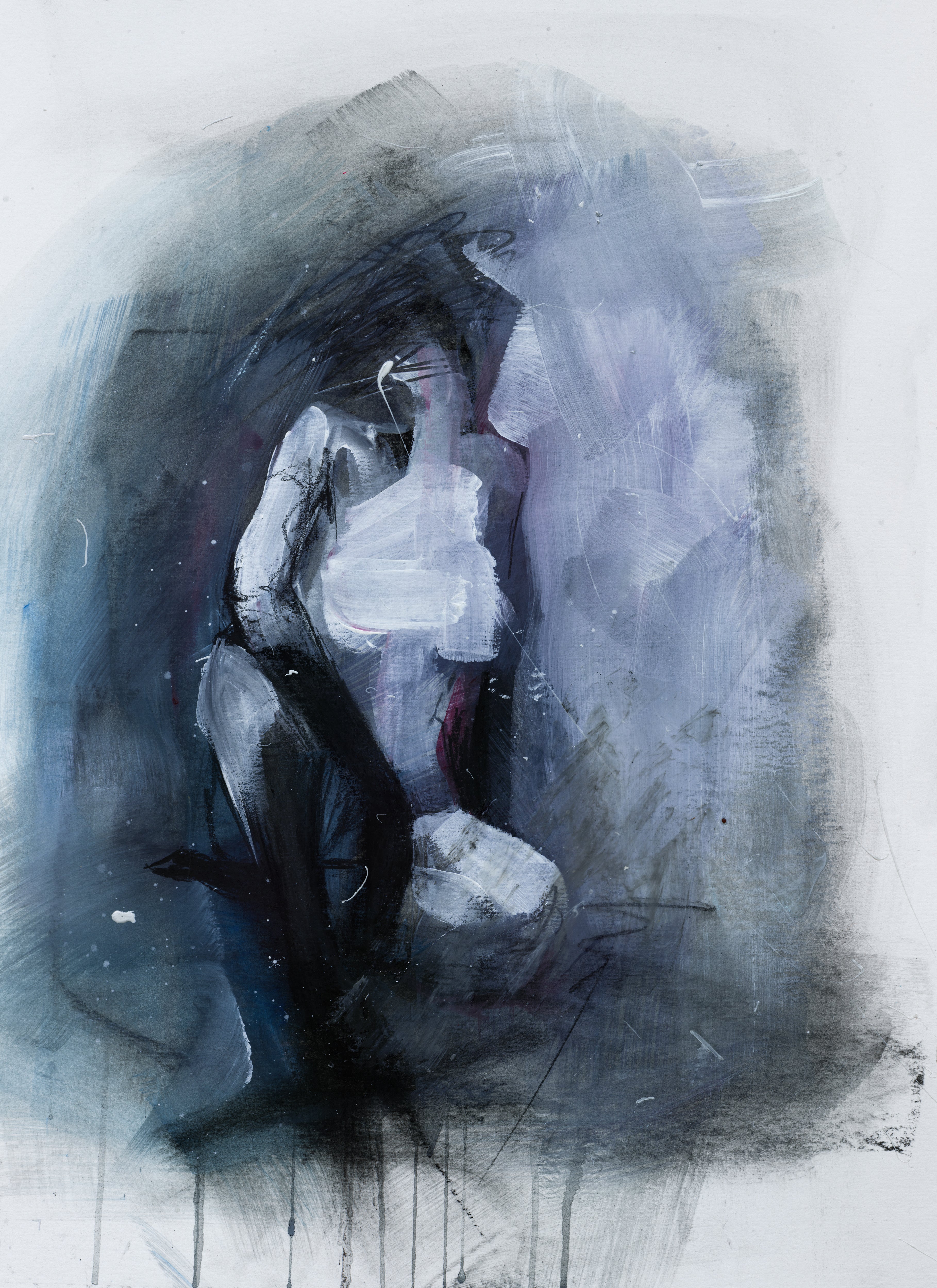 Brooding abstract figure emerging from muted blues, whites, and grays with raw expressive brushwork and emotional atmosphere.