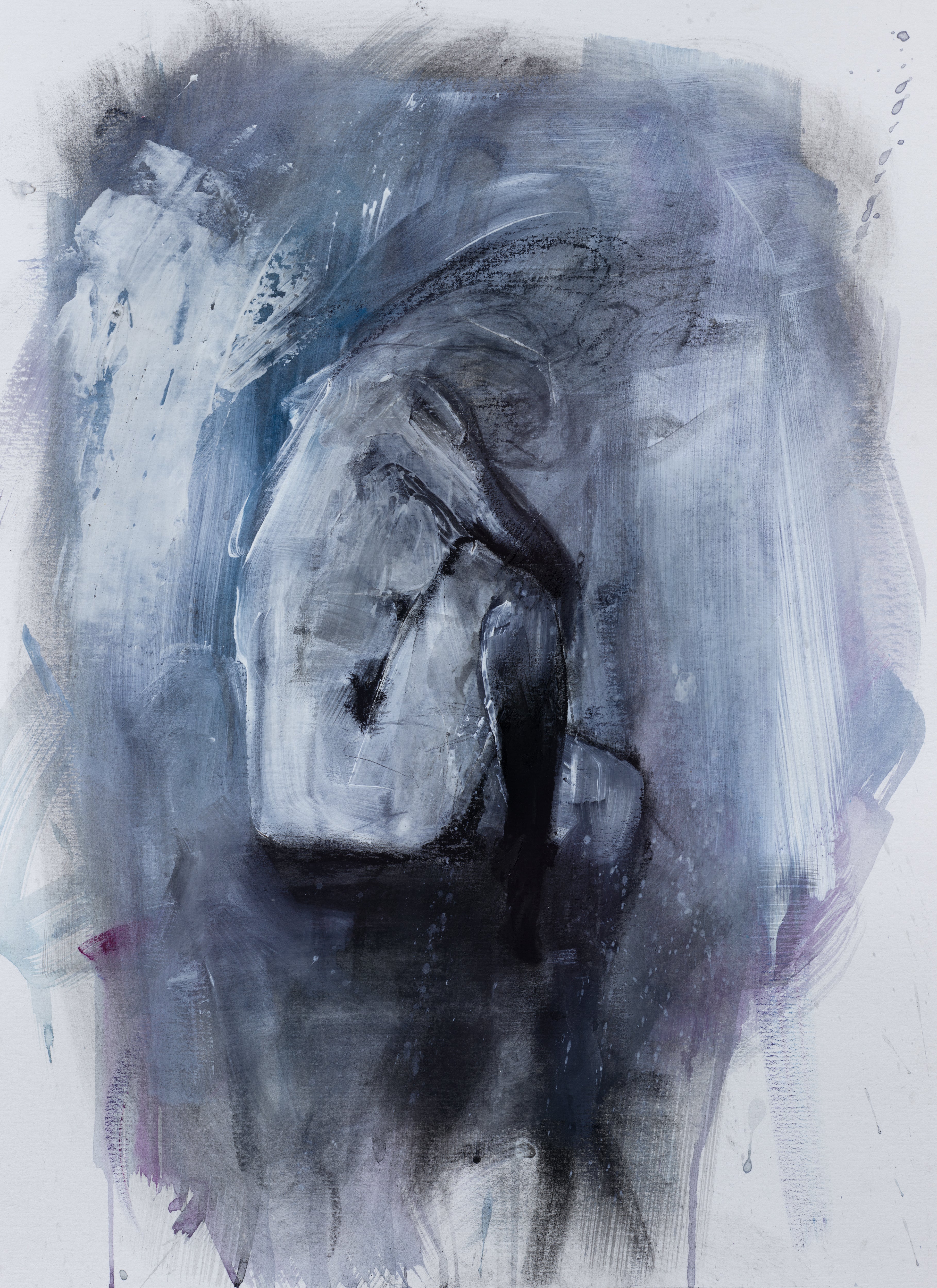 Abstract figure in slate, lilac, and white folding inward with raw brushstrokes and a quiet, emotional atmosphere.