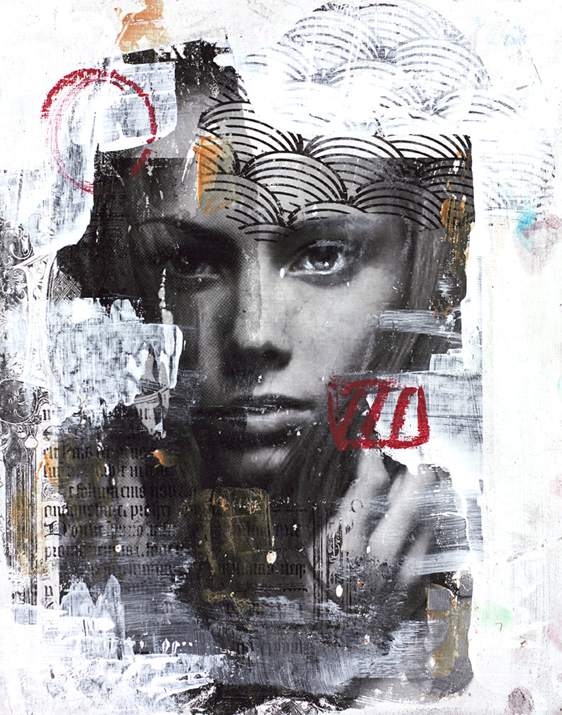 Mixed media collage portrait art with a striking female gaze layered over vintage text, patterned arches, painted marks, and distressed textures.