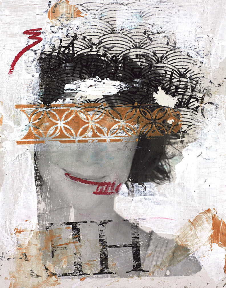 Mixed media collage art with a ghostly female portrait layered with gold geometric shapes, distressed paint smears, patterns, and cryptic typography.