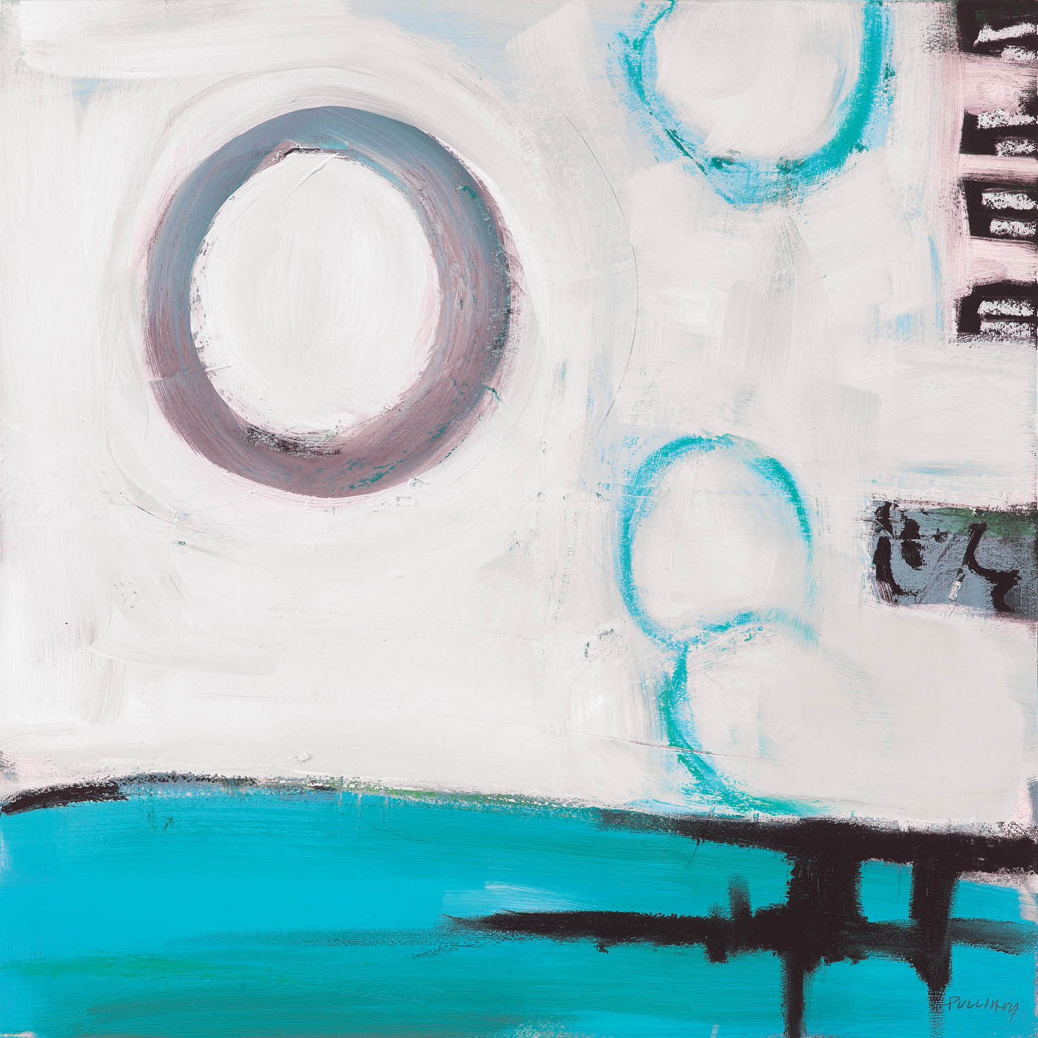 Modern abstract painting with bold turquoise, black, and gray circular shapes on bright white background for a crisp, minimalist look
