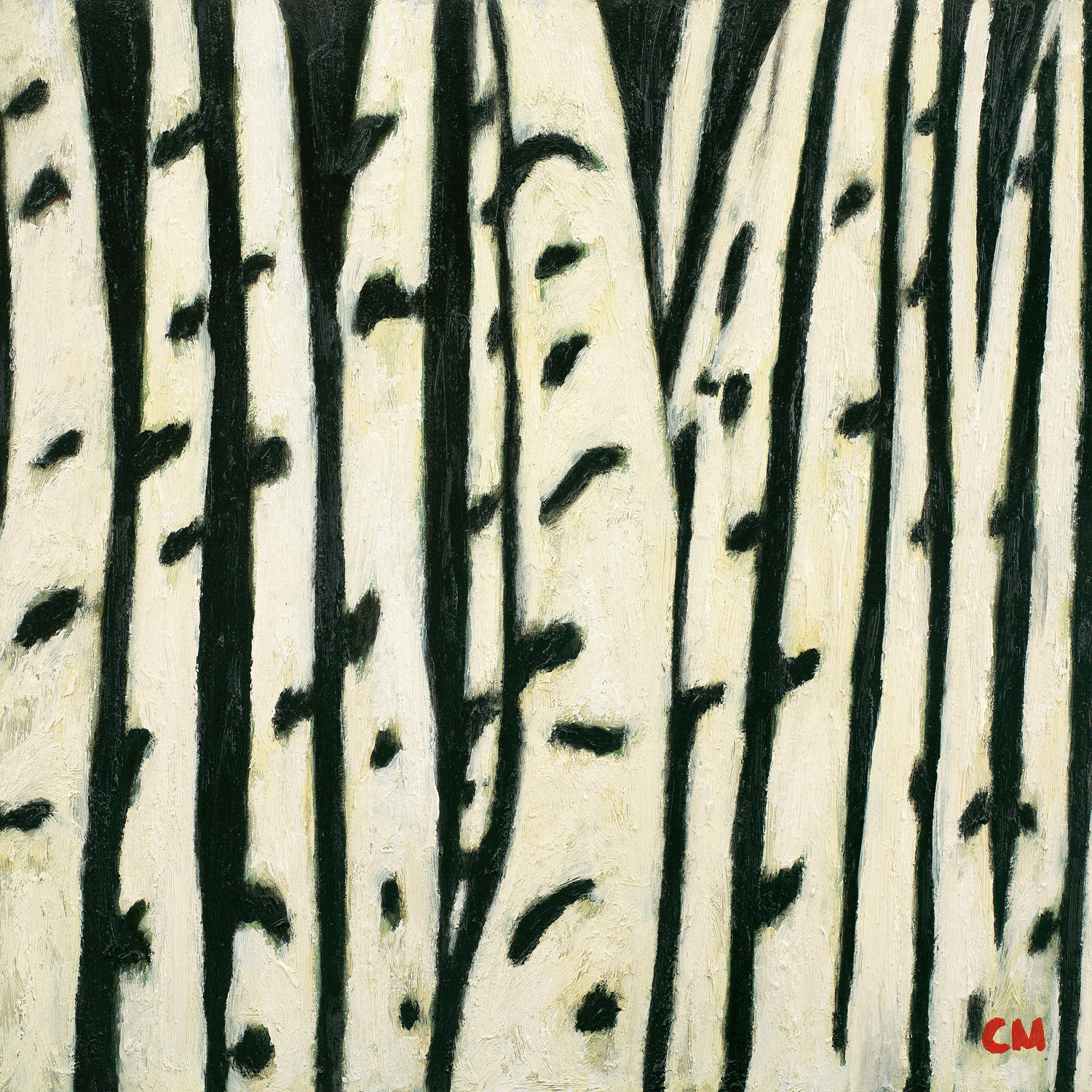 Stylized forestscape featuring tall birch trees in bold black-and-white contrast