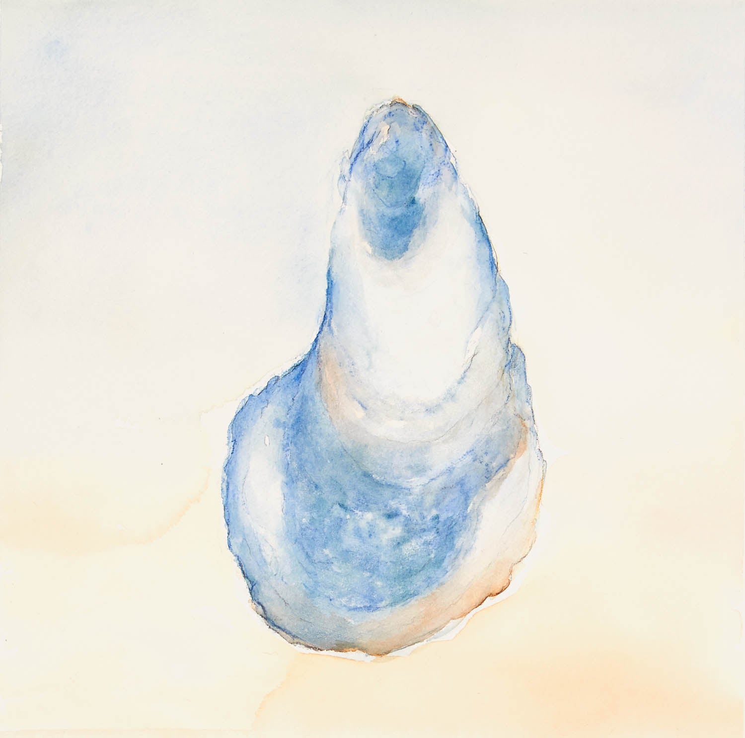 Abstract watercolor art with soft blue and cream washes forming a shell- or stone-like shape suspended in a luminous white field, evoking tide and erosion.