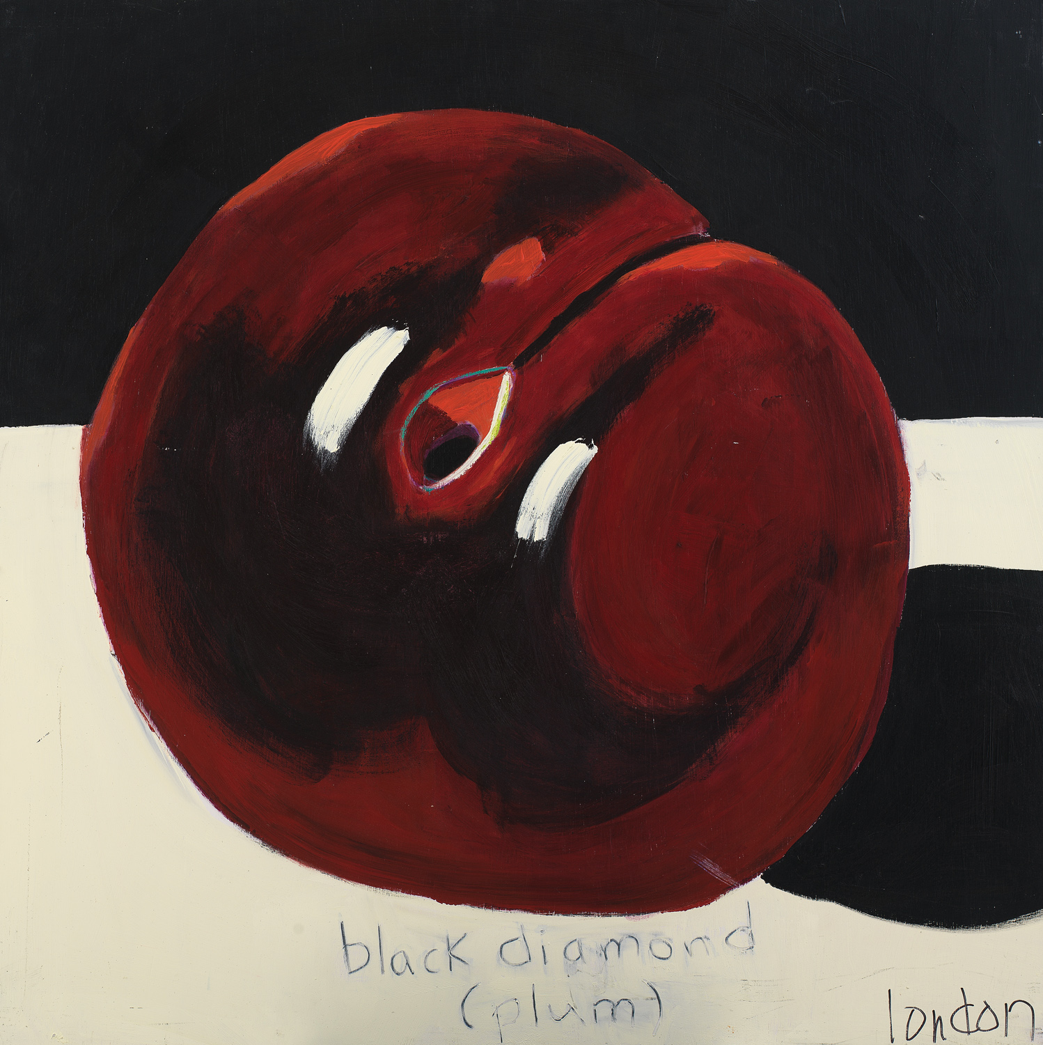 Black Diamond plum painting in rich reds with deep shadows on a black-and-white background