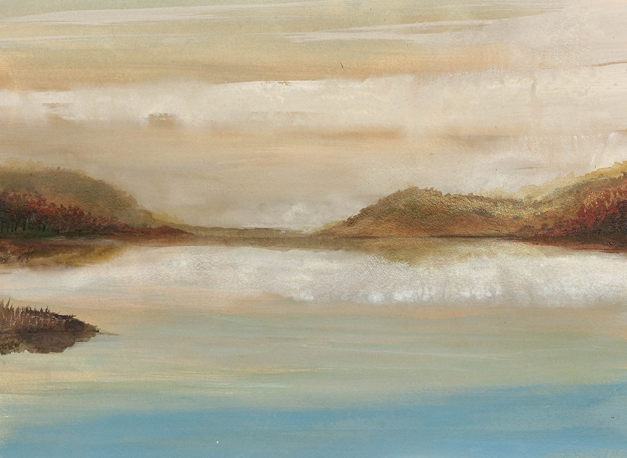 Serene autumn landscape painting with amber, gold, and soft blue tones reflecting on calm waters