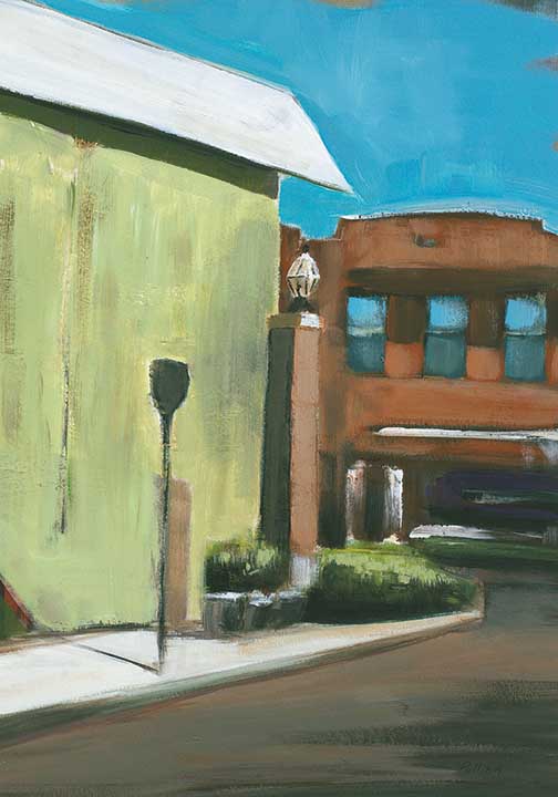 Urban streetscape painting with bold brushstrokes and rich hues, moody and dreamlike, blending realism with impressionism.