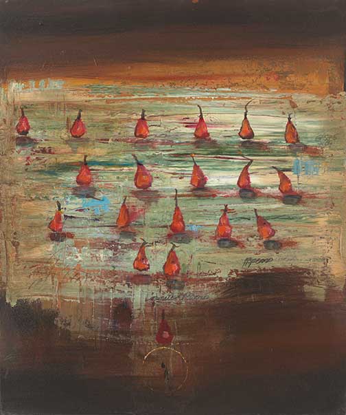 Abstract still life with 19 bold red pears on a textured field of earthy browns, ochre, and turquoise—lush, symbolic, and dramatic.