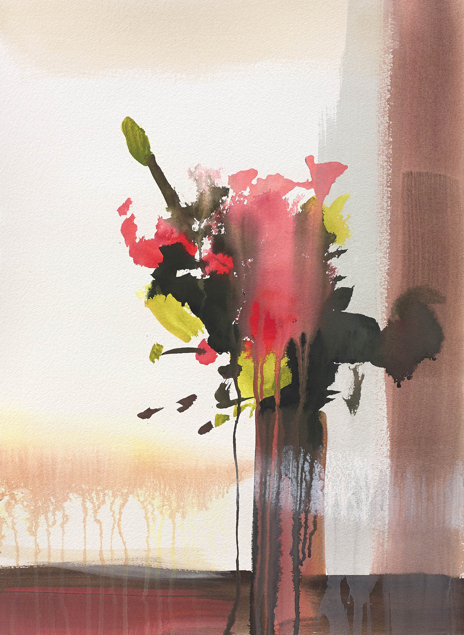 Delicate watercolor floral abstraction with vivid reds and greens dripping into soft peach tones, creating a gentle sense of fading and fleeting beauty.