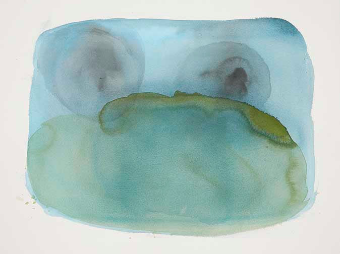 Abstract watercolor painting in cyan, olive, and slate with soft, fluid layers and minimal design.