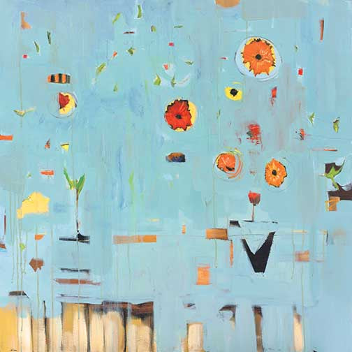 Playful floral abstract painting with bright red, yellow, and orange motifs on a light blue background with geometric shapes and whimsical drips.