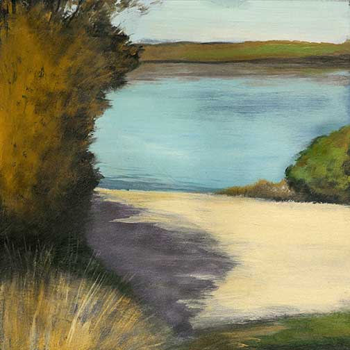 Minimal abstract painting with a glowing orb of amber and chartreuse hovering over black, radiating stillness through elemental contrast.