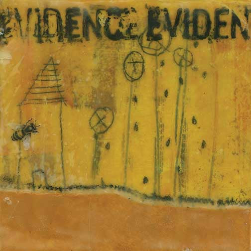 Amber encaustic artwork with bees, cryptic trees, and stamped text in a warm honey-toned field.