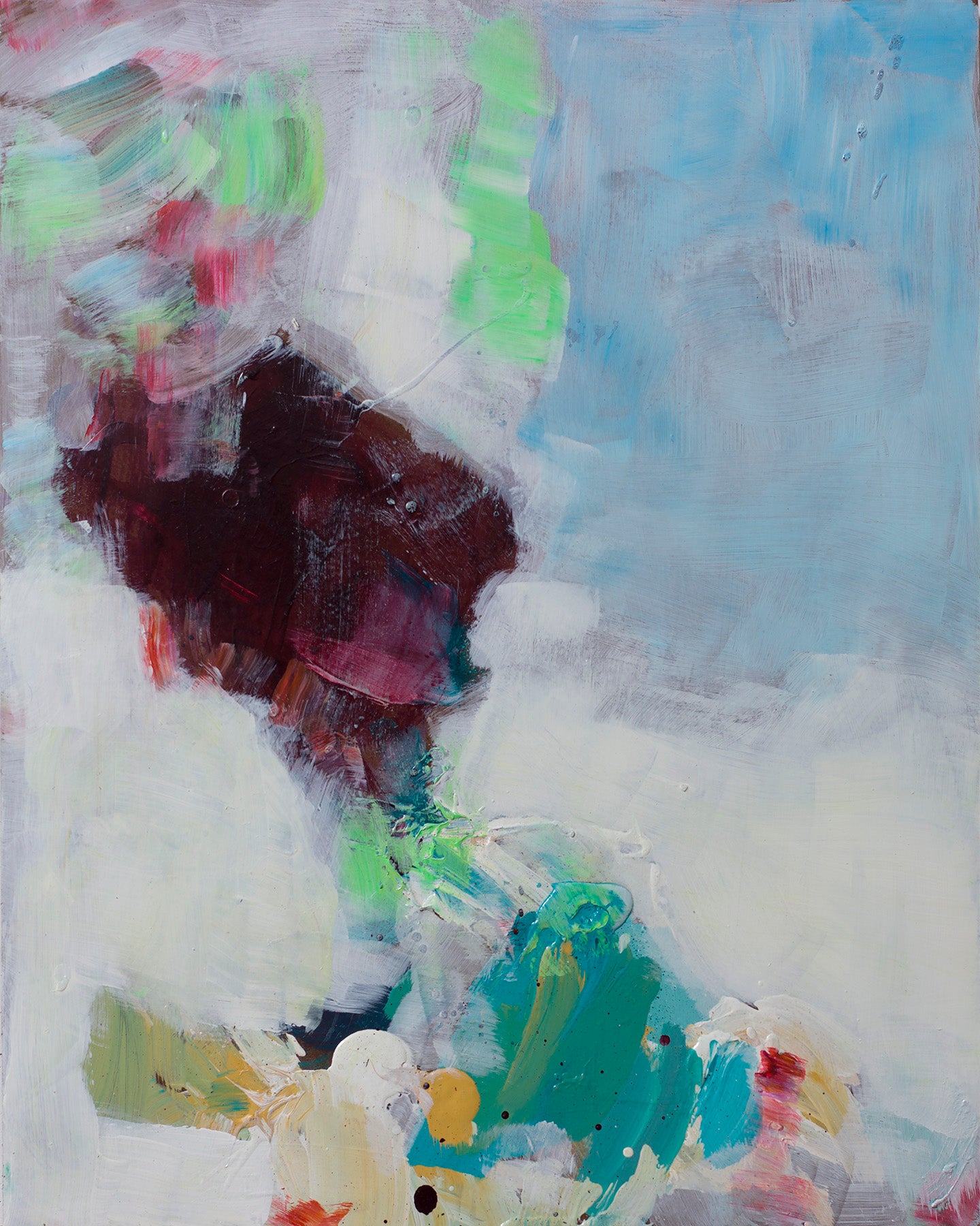 Abstract sky painting with cloudy textures and subtle bursts of aqua, green, and burgundy on a soft atmospheric background.