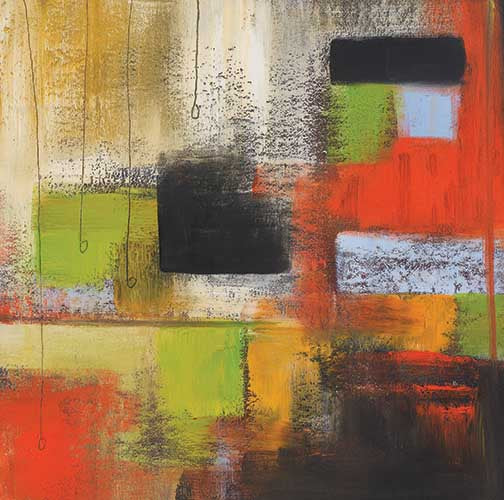 Bold abstract painting with fiery reds, vivid greens, and blocks of matte black, layered with texture and gestural linework.