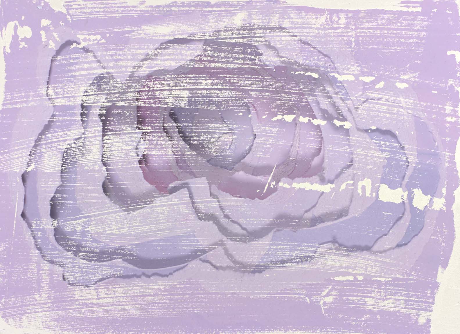 Abstract artwork with layered shapes in calming lavender and pastel purples, accented by delicate textural brushstrokes for softness.