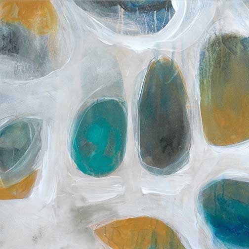Modern abstract painting with teal, ochre, and charcoal tones in fluid, layered composition.