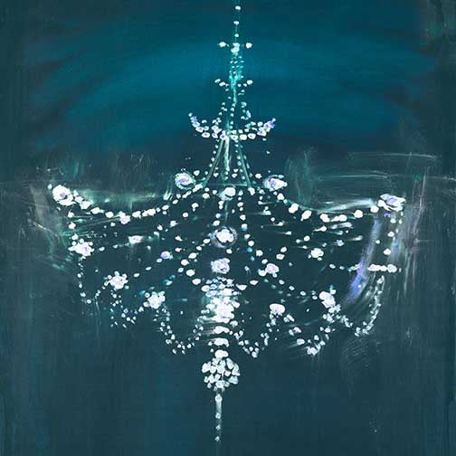 Chandelier on Blue artwork featuring an ethereal cascade of crystal light against deep teal, glowing with moody elegance and painterly glamour.