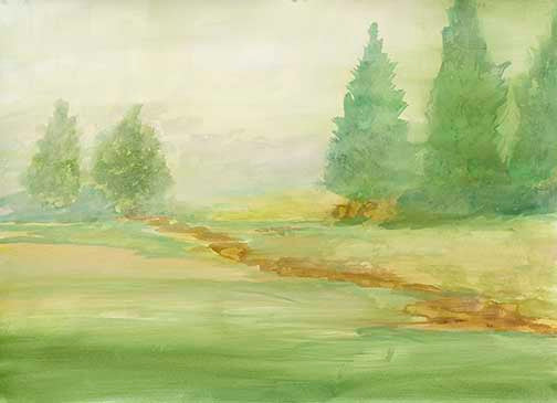Atmospheric landscape painting with soft greens, golds, and browns featuring trees and a winding path.