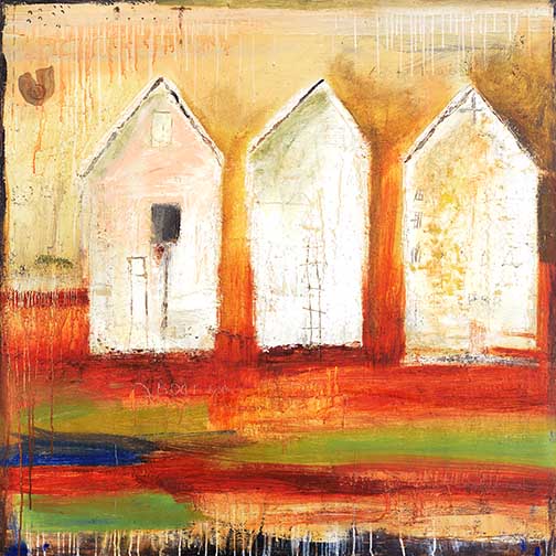 Bright Boat Houses abstract painting with layered textures and house forms in earthy reds and greens, evoking rustic coastal charm.