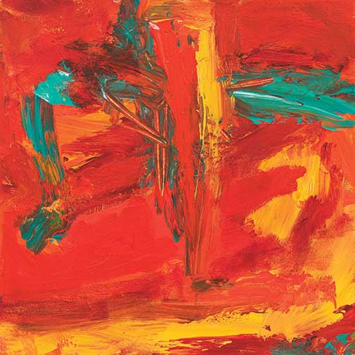 Brush IV abstract painting with layered reds, fierce yellows, and electric teal, erupting in a fearless clash of texture and motion.