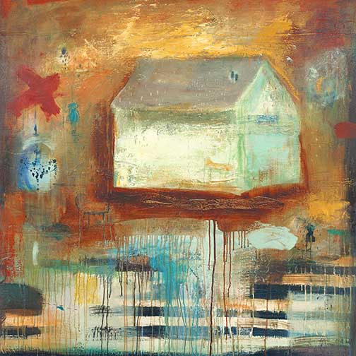 Abstract house painting with a floating home in turquoise, rust, and ochre, layered with drips, symbols, and textures evoking memory and place.