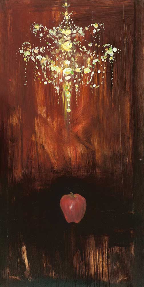 Chandelier with Apple artwork featuring a glowing crystal chandelier above a solitary red apple, set against a richly textured, moody backdrop.