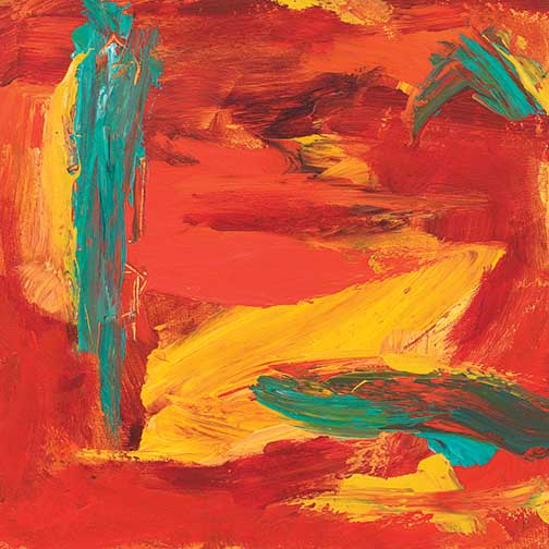 Brush II abstract painting with saturated reds, golden strokes, and vibrant teal, a bold and gestural composition full of texture and energy.