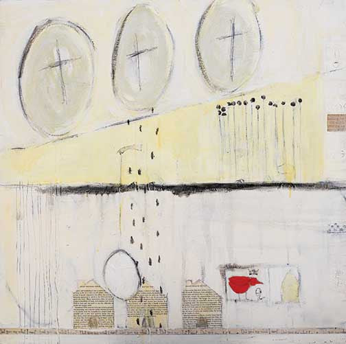 abstract mixed-media artwork with red accent and floating forms