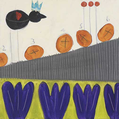 Whimsical mixed media art with crowned blackbird, tulip-like flowers, and bold orange forms