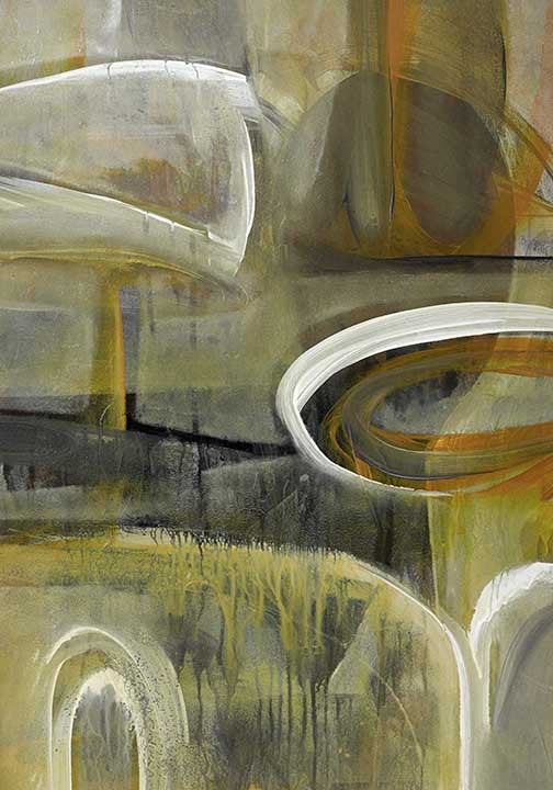 abstract painting with olive green, ochre, and bold white gestures, part of a complementary set
