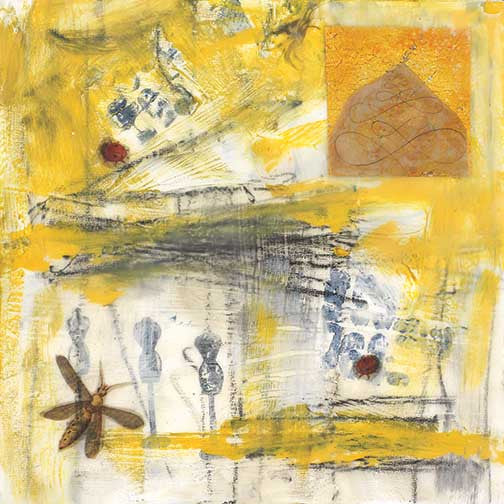 mixed-media artwork with golden yellow collage, sacred geometry, insects, and botanical forms
