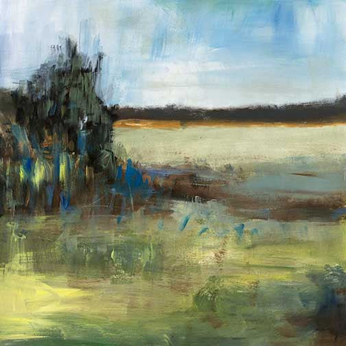 Atmospheric abstract landscape with olive, cobalt, and golden tones evoking nature after rain