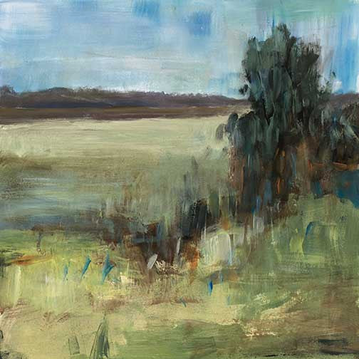Abstracted landscape painting with olive, cobalt, and golden tones evoking nature after rainfall