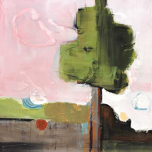 Playful abstract landscape with stylized tree, soft pink sky, earthy tones, and graphic forms