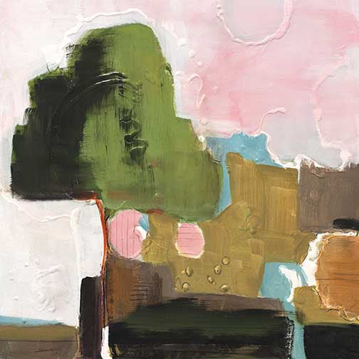 Abstracted landscape artwork with stylized tree, soft pink sky, graphic forms, and earthy tones