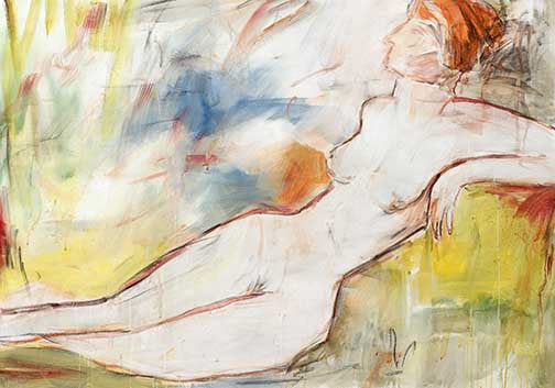 Figurative nude painting with reclining figure, soft gestural lines, and sunlit washes of color