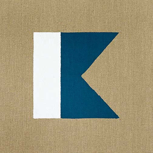 Geometric abstract painting with teal and white form on raw linen, inspired by maritime signal flags