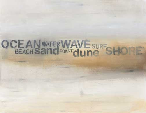 coastal minimalist artwork with warm tones and beach words like Ocean, Wave, Surf, and Sand