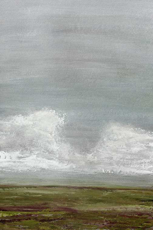 atmospheric landscape painting with muted green tones, sweeping clouds, and soft horizon