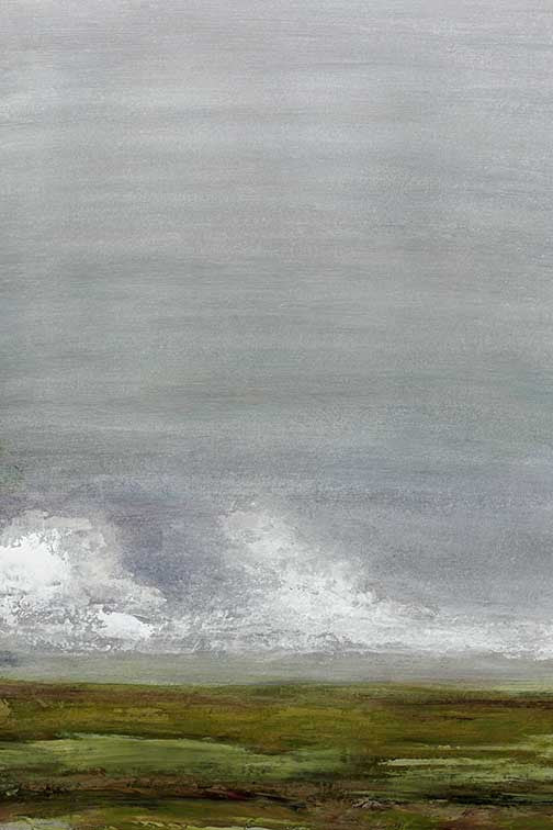 atmospheric landscape with muted greens, cloud formations, and soft horizon