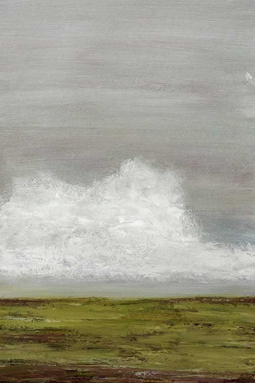 soft atmospheric landscape painting with muted greens, horizon, and clouds