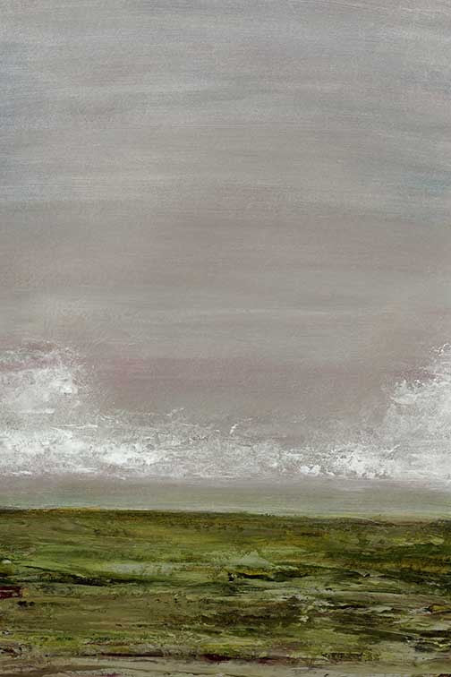 atmospheric landscape painting with soft clouds and muted green tones