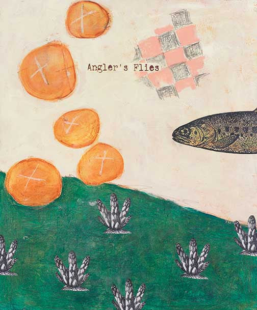 Surreal collage art with patterned fish, floating oranges, checkerboard swatch, and symbolic plant forms